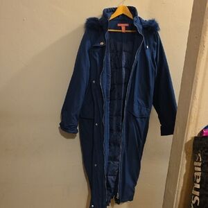 Woman Within Navy Ski Jacket with Faux Fur Hood